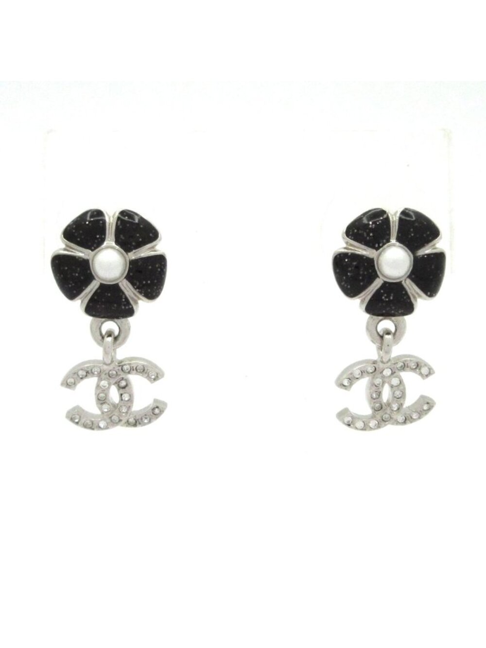 Chanel Earrings Silver Black White Flower CC Logo